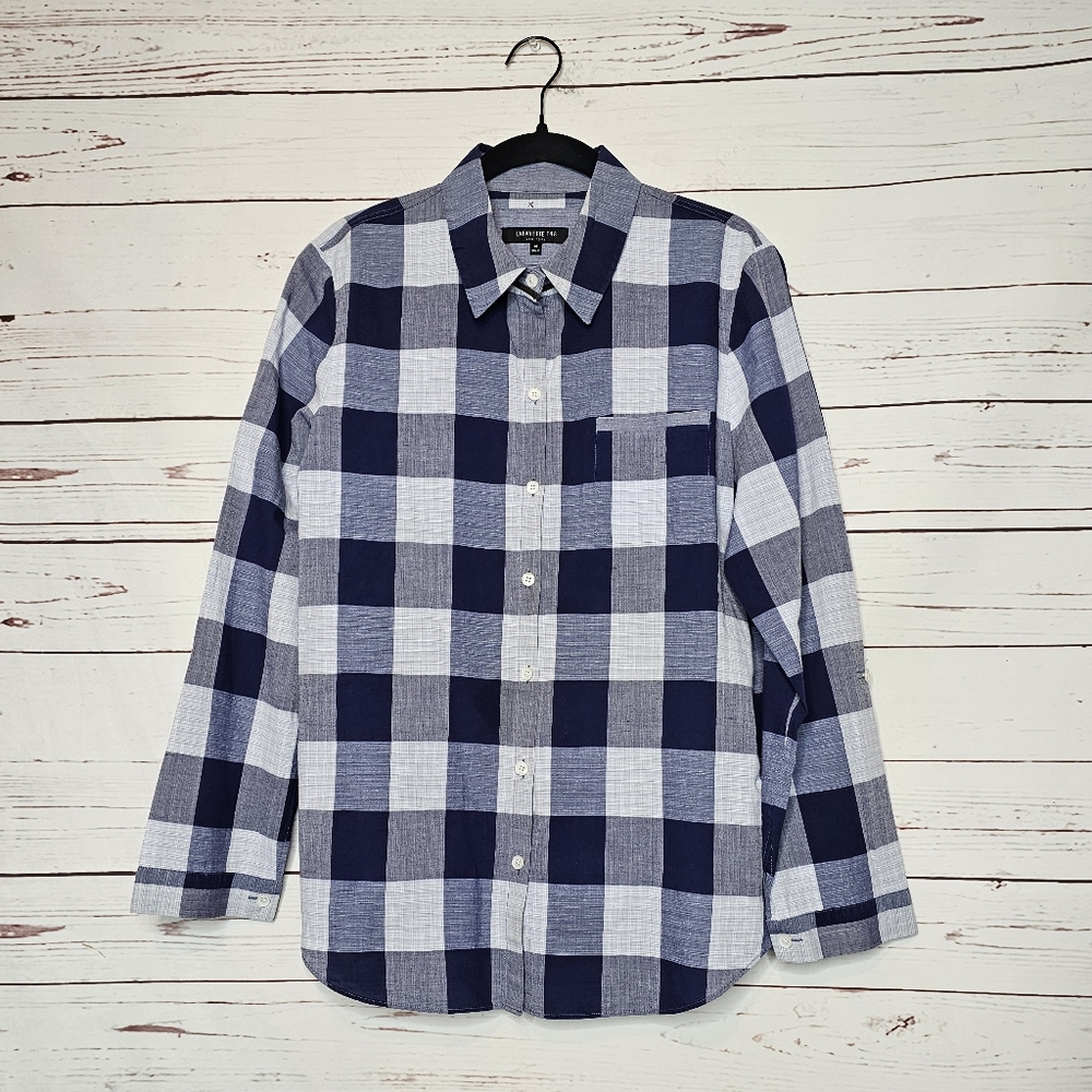 Lafayette 148 New York Navy and White Checked Button-Down Shirt